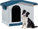 Dextrus Large Plastic Dog House with Liftable Roof, Indoor Outdoor Doghouse Puppy Shelter with Detachable Base and Adjustable Bar Window, Water Resist